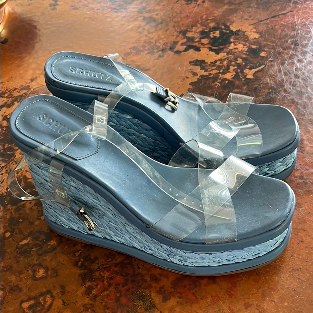 Schutz Blue Wedge Sandals